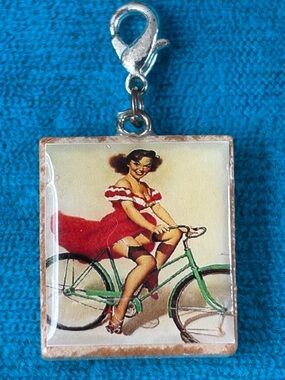 3/$30✨🚲❤️Upcycled Scrabble Tile Pin Up Girl Bicycle Charm Zipper Pull🚲❤️